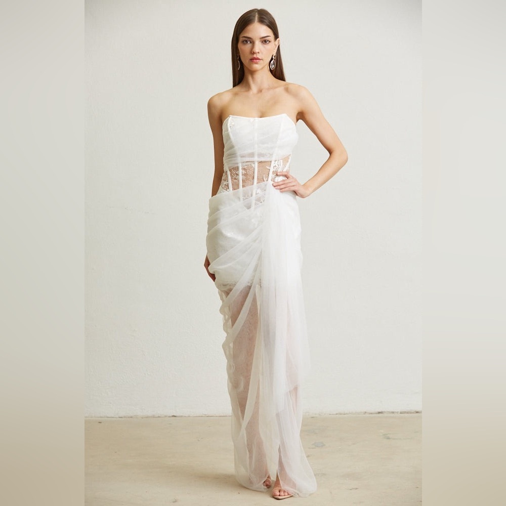 Sheer Lace Bodice Mini Dress with Tulle Draping Overlay - BLITHE